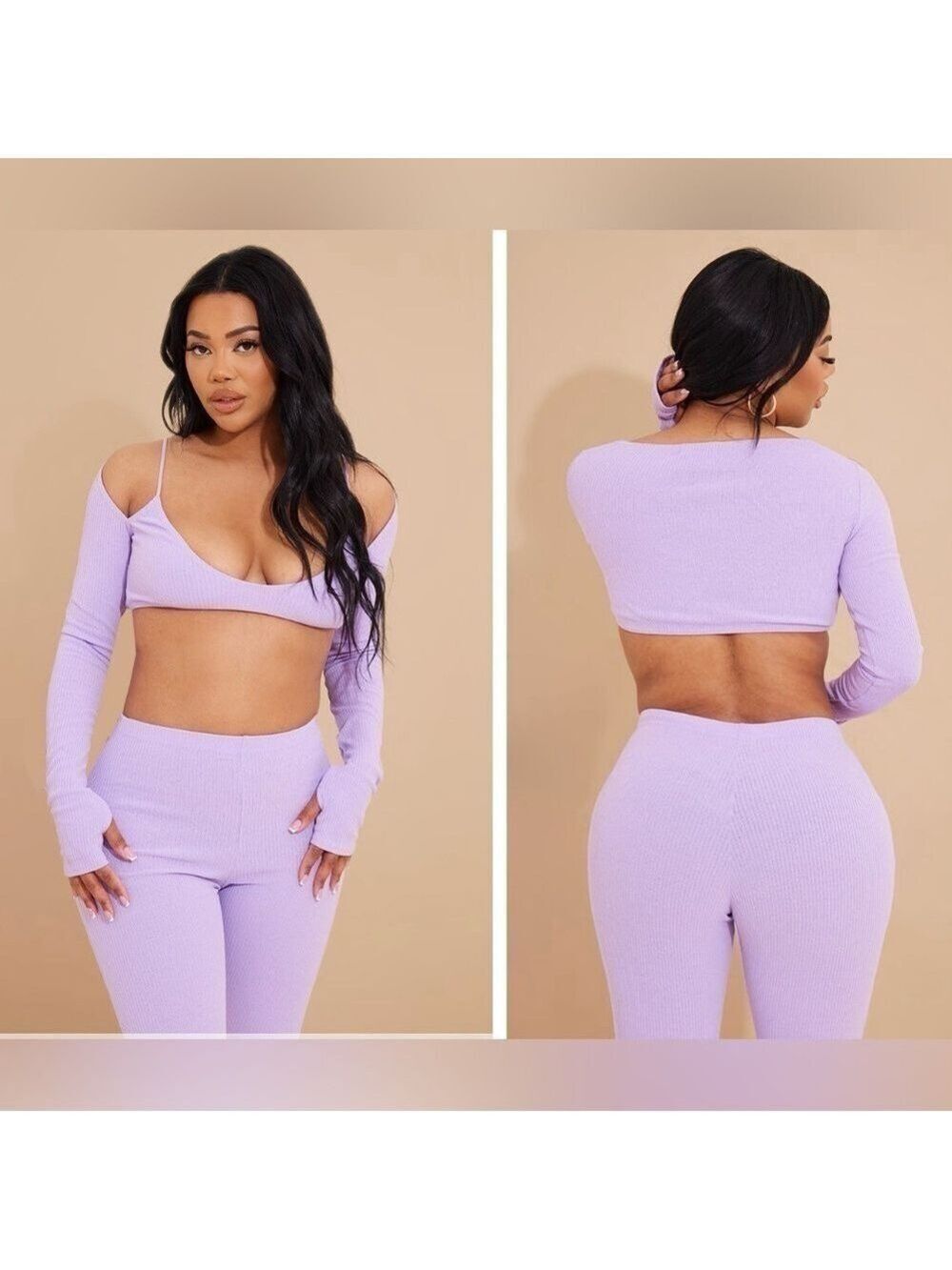 NWT PRETTYLITTLETHING Shape Lilac Rib Cut Out Shoulder Crop Top Sz 10 Brand New